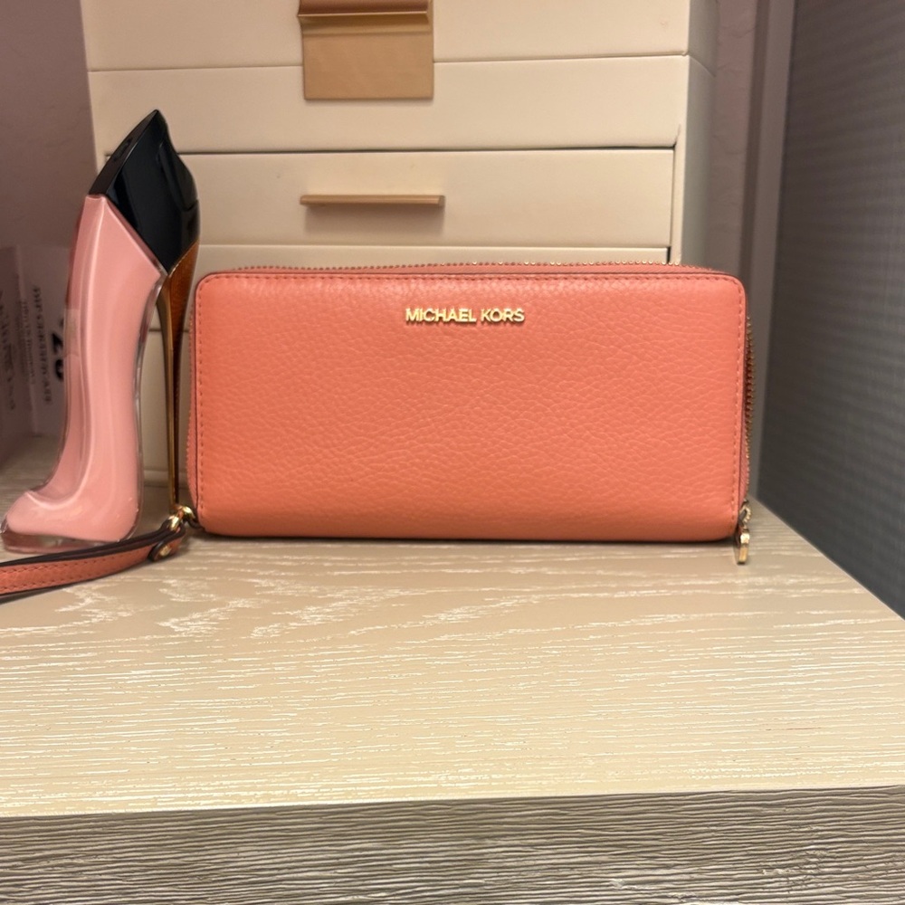Michael Kors Coral Pebbled Leather Zip Wallet with Gold Logo